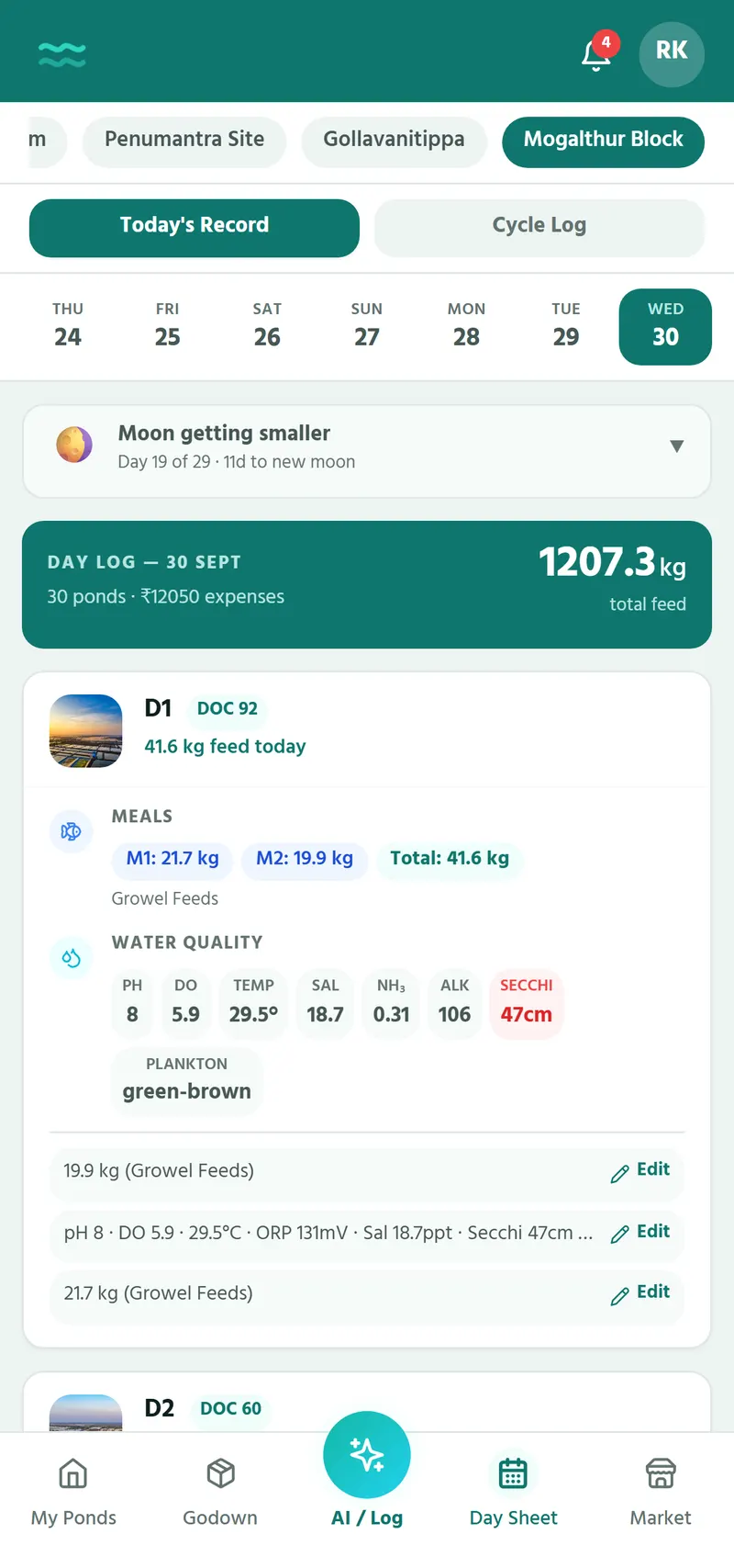 Marine Mitra Day Sheet showing the day's total feed, per-pond meal breakdown and water quality readings