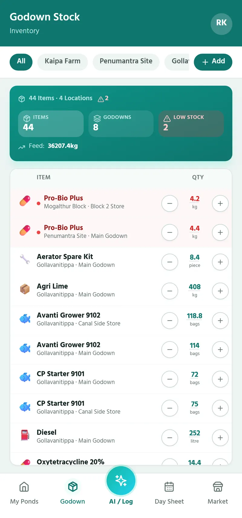 Marine Mitra godown stock list showing items, quantities and low-stock alerts across locations
