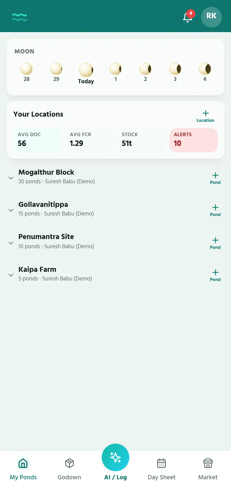 Marine Mitra home screen showing four farm locations with average DOC, FCR, standing stock and alerts